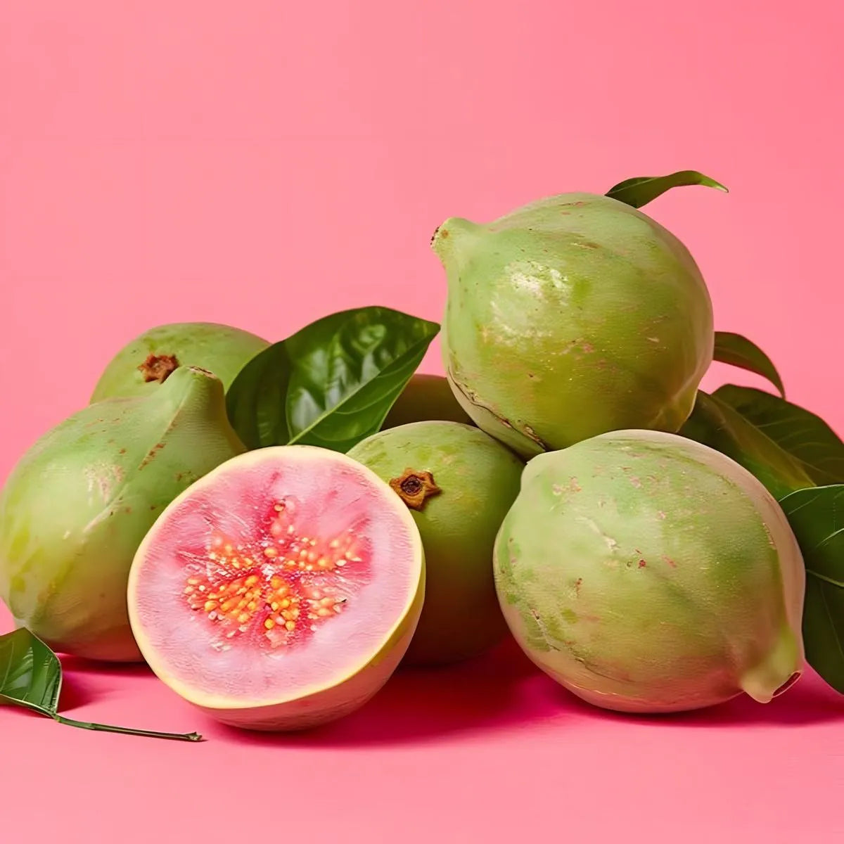 Goyaves roses fraîches entières et coupées sur fond rose, ingrédient principal des glaces goût goyave PARADIS GLACE, saveur tropicale sucrée.